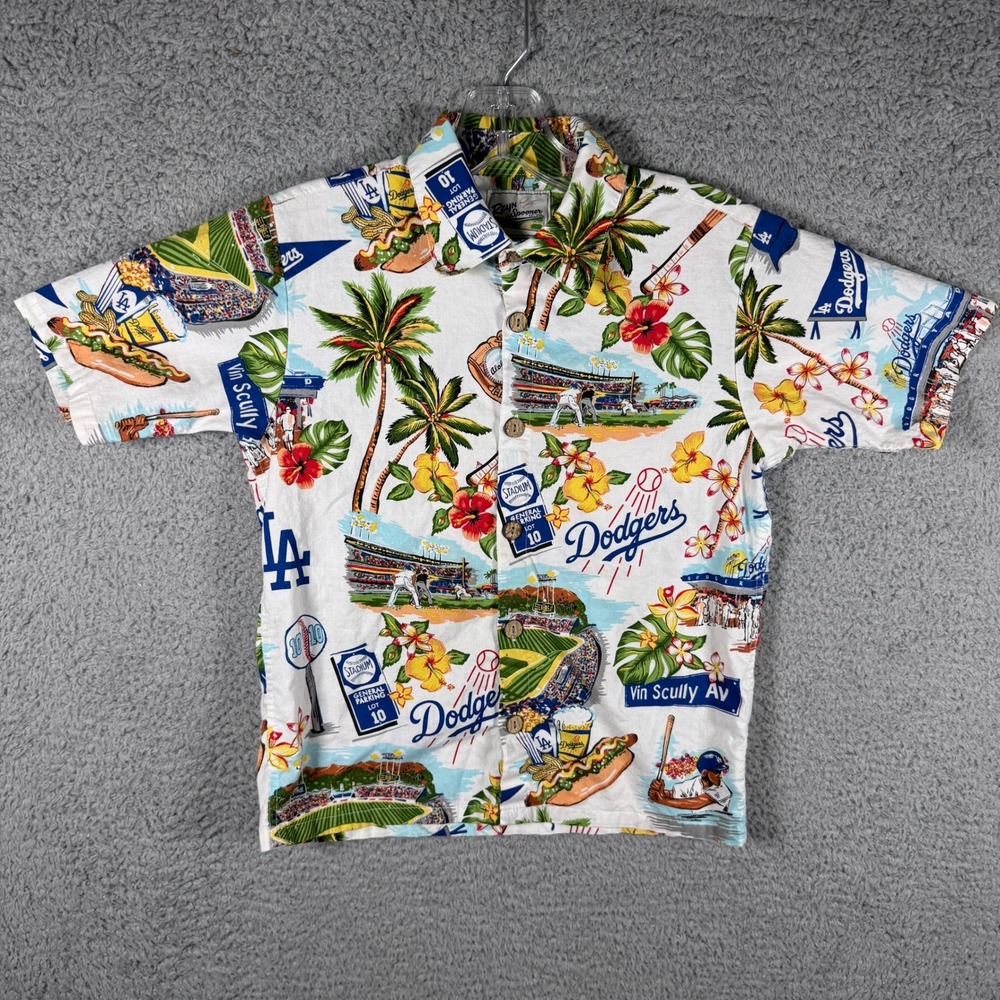 Reyn Spooner Kids Los Angeles Dodgers MLB Hawaiian Shirt Size M White Blue